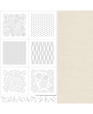 Pannello Sashiko "Element" Bianco sporco con 6 motivi sashiko quadrati e una striscia di libellule