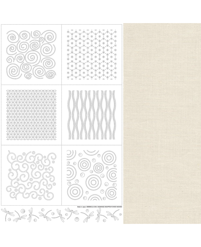 Pannello Sashiko "Element" Bianco sporco con 6 motivi sashiko quadrati e una striscia di libellule Pannello Sashiko "Element" Bianco sporco con 6 motivi sashiko quadrati e una striscia di libellule