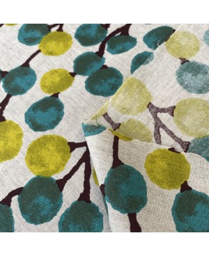 Green and blue tree-printed cotton-linen canvas