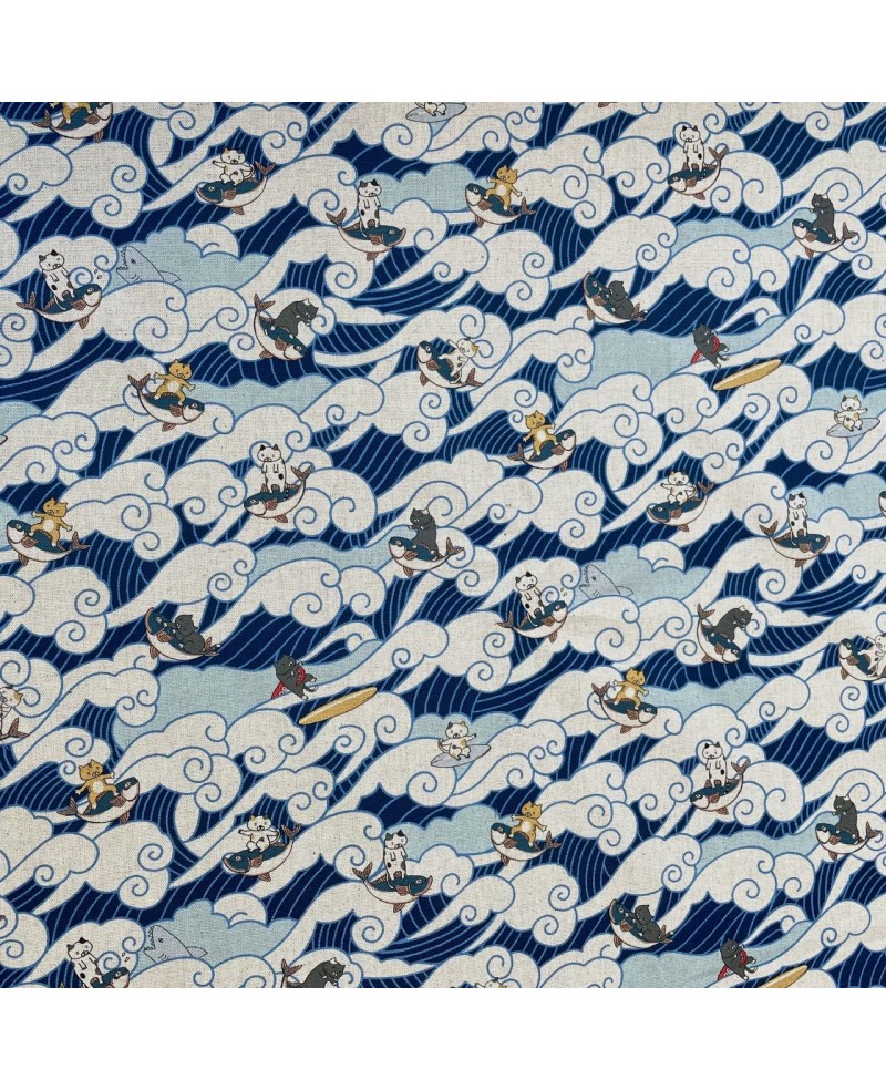 Toile de coton-lin imprimée vagues et chats Toile de coton-lin imprimée vagues et chats