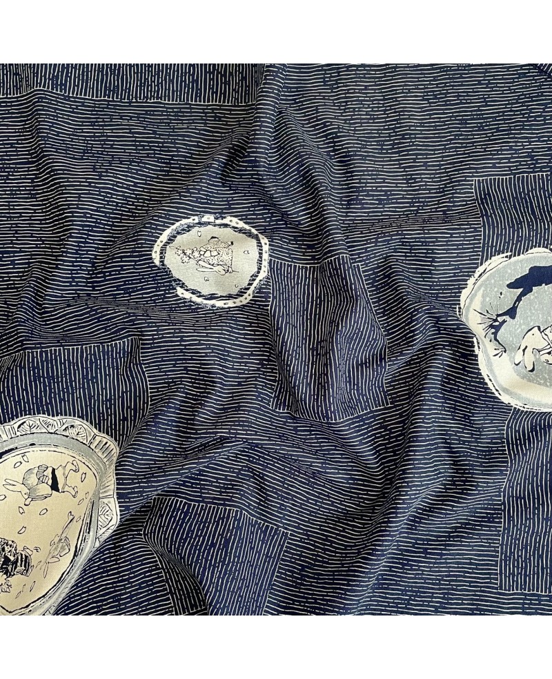 Takumi screen-printed cotton with blue rabbit motif Takumi screen-printed cotton with blue rabbit motif