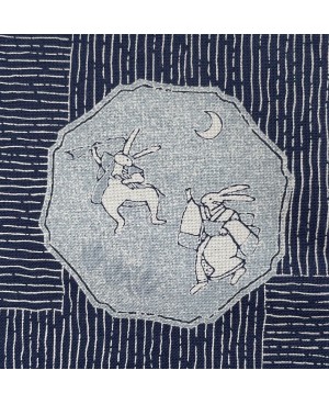 Algodón serigrafiado Takumi con motivo de conejo azul
