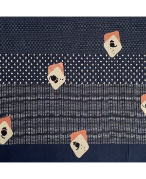 Takumi screen-printed cotton with kasuri pattern and blue cats