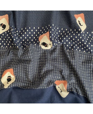 Takumi screen-printed cotton with kasuri pattern and blue cats