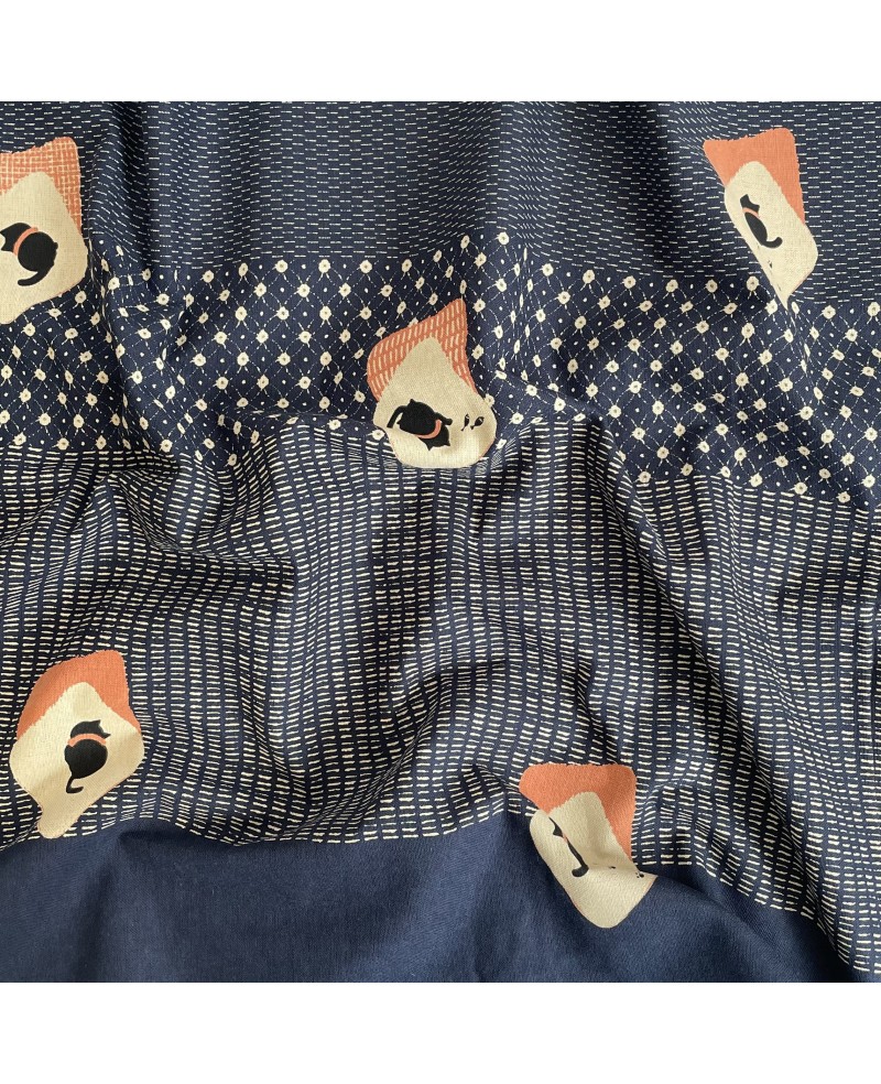 Takumi screen-printed cotton with kasuri pattern and blue cats Takumi screen-printed cotton with kasuri pattern and blue cats