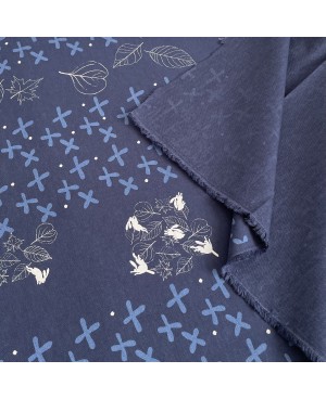 Coton sérigraphié Takumi motif croix et lapins bleu