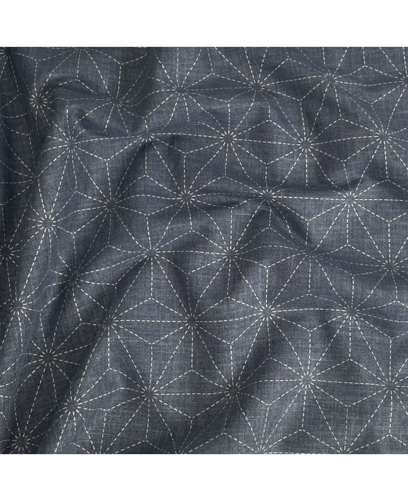 Tissu sashiko pré-imprimé Asanoha sur fond aspect denim bleu gris