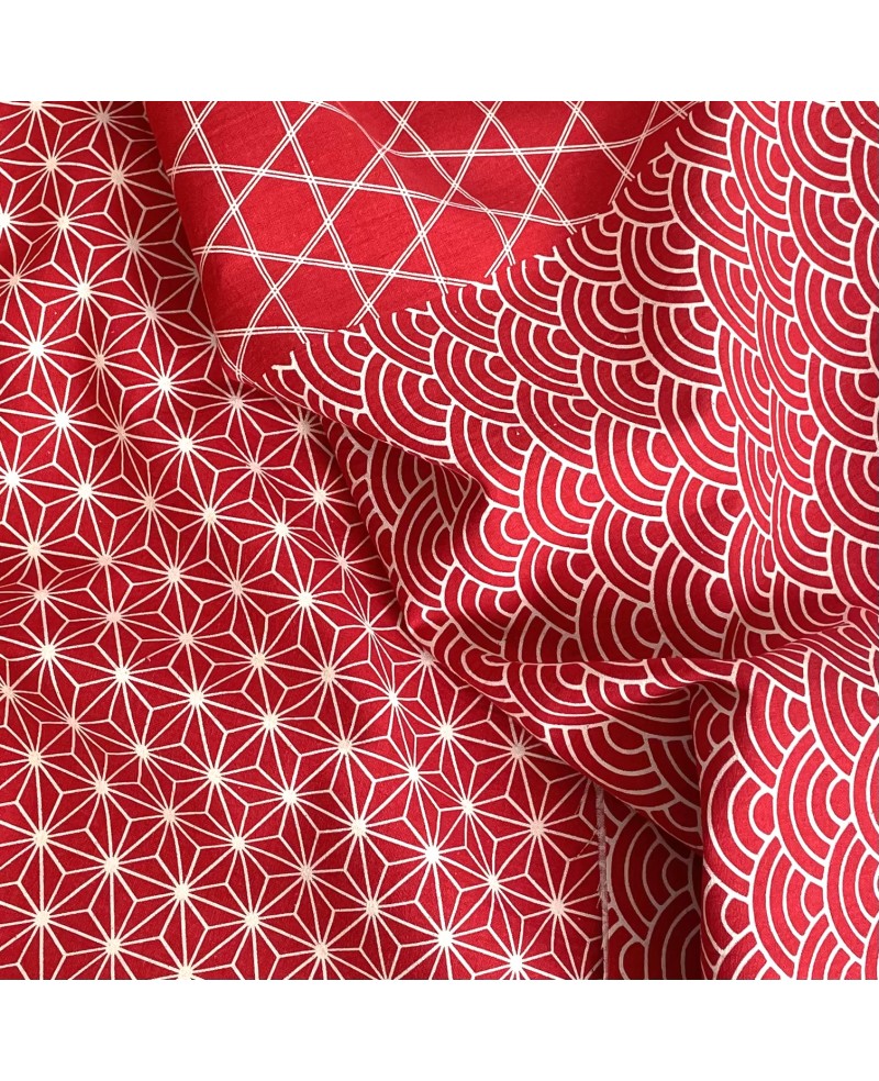 Algodón serigrafiado Takumi Asanoha y Seigaiha, rojo Algodón serigrafiado Takumi Asanoha y Seigaiha, rojo